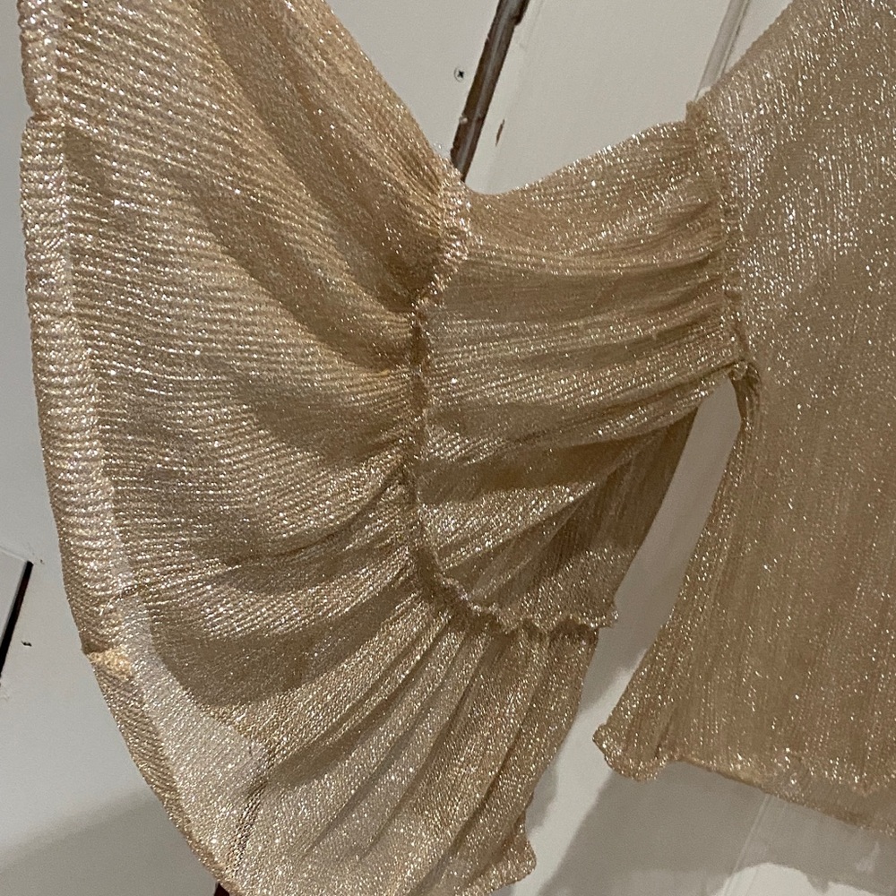 Zara Sheer Gold Metallic Bell Sleeve Top – Festival / Party / Y2K Vibes, Size M - Picture 3 of 8
